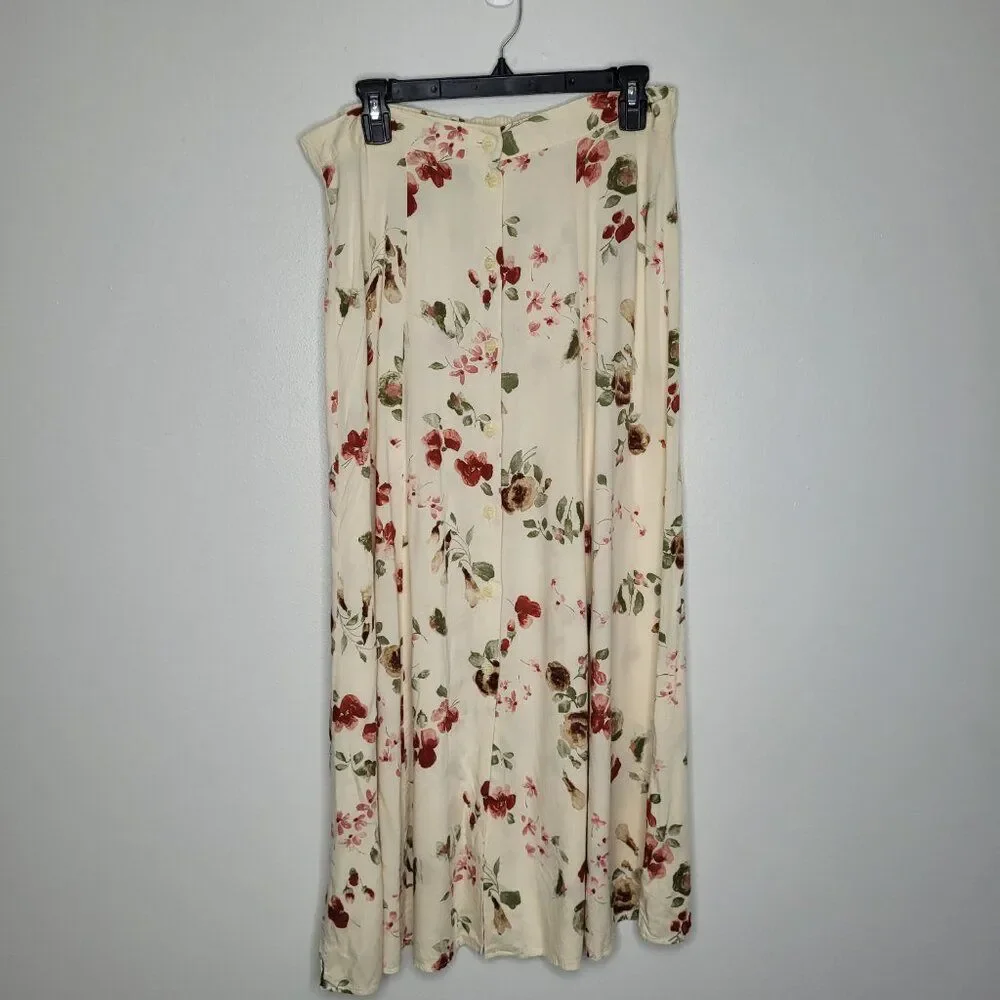 Vintage 90s light yellow floral preppy button front maxi midi cute skirt L FLAW